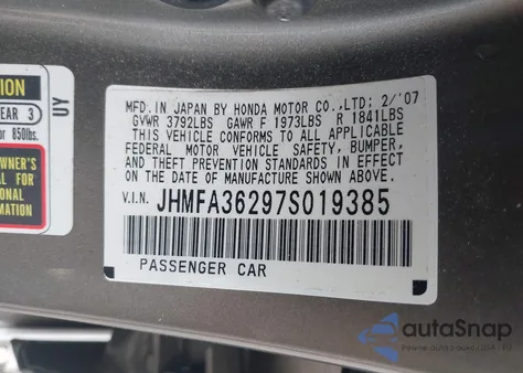 2007 Honda Civic Hybrid from USA, damaged, VIN JHMFA36297S019385